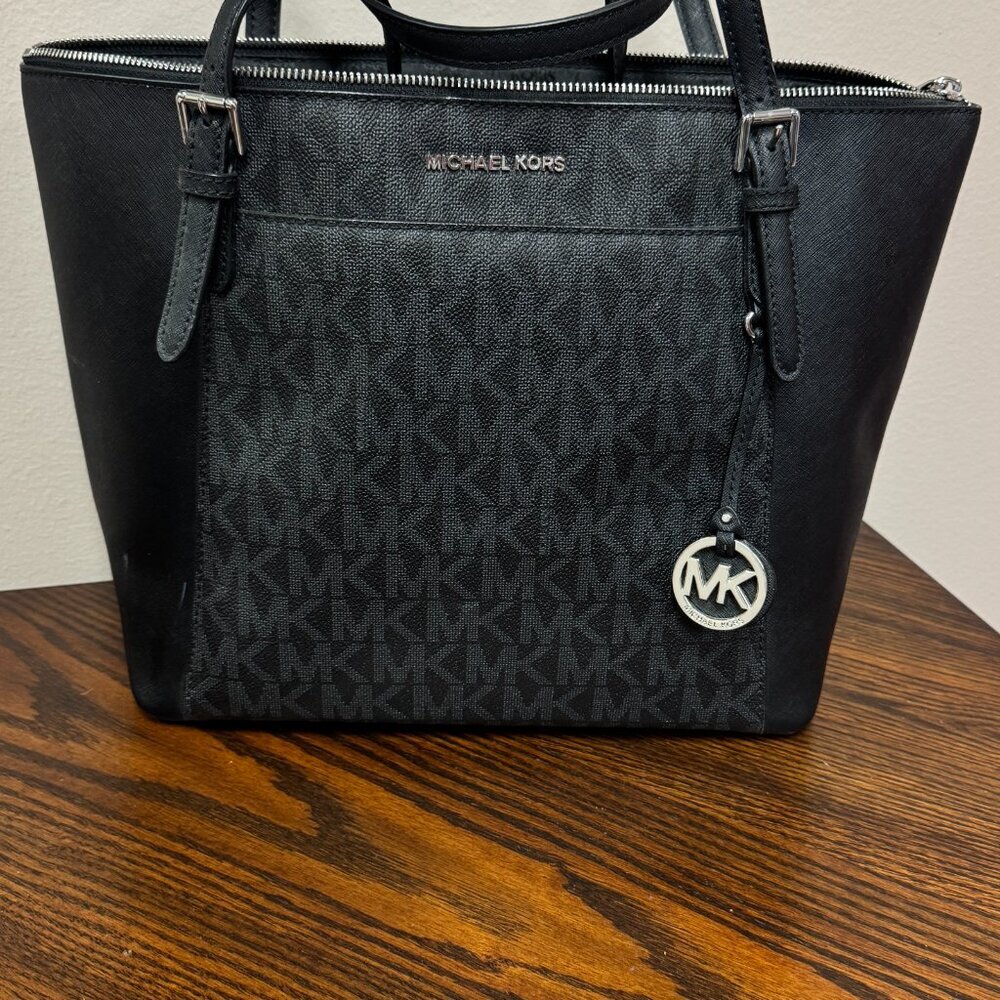 Michael Kors "Charlotte" Large Top-Zip Tote – Black Logo & Leather – Gently Used
